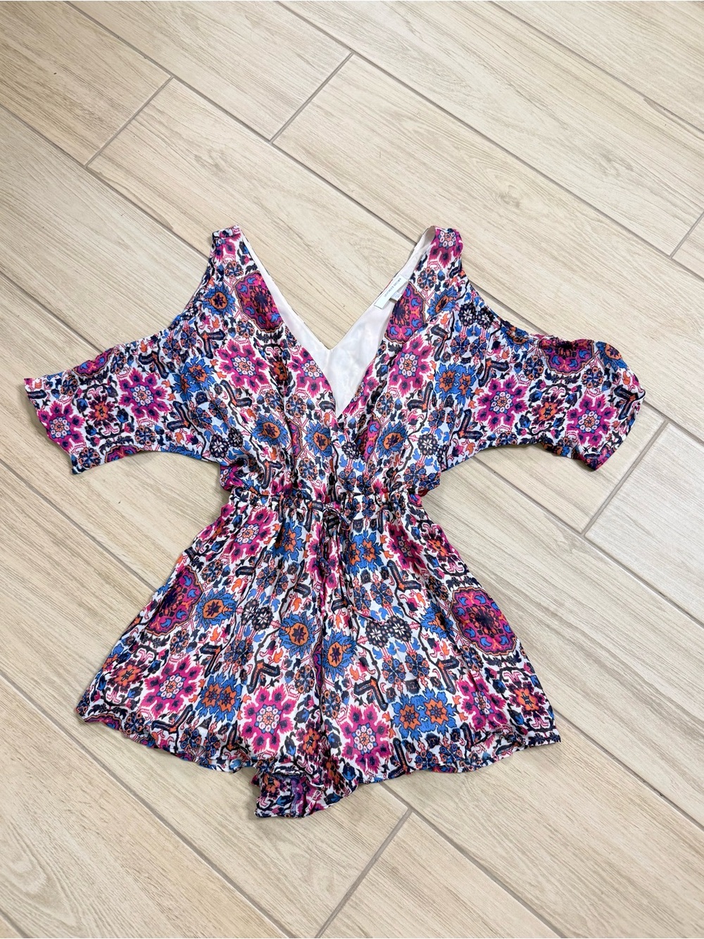 Lavender Brown Regina Romper Boho Paisley Cold Shoulder V Neck Size S